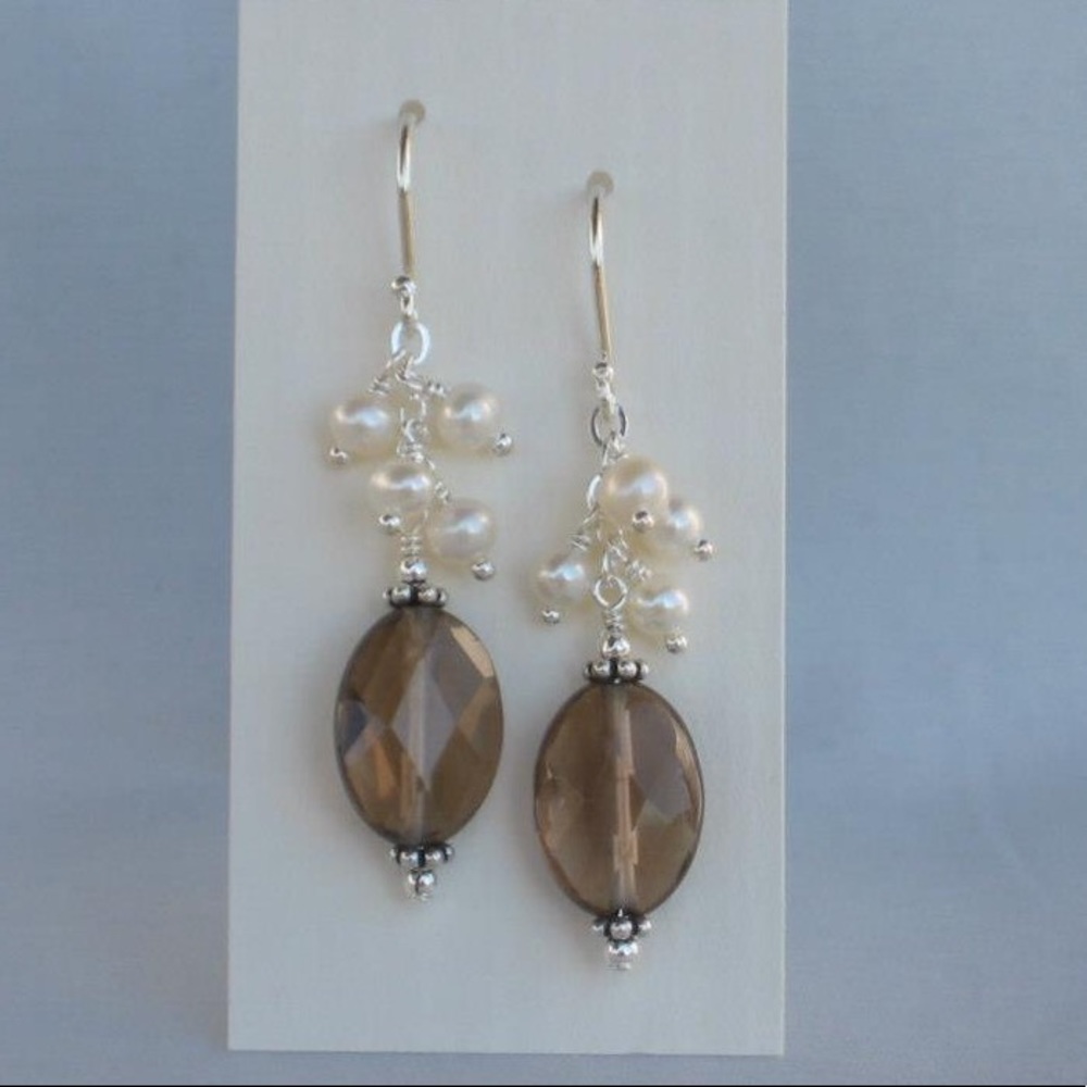 Handmade Smokey Quartz and Pearl Earrings